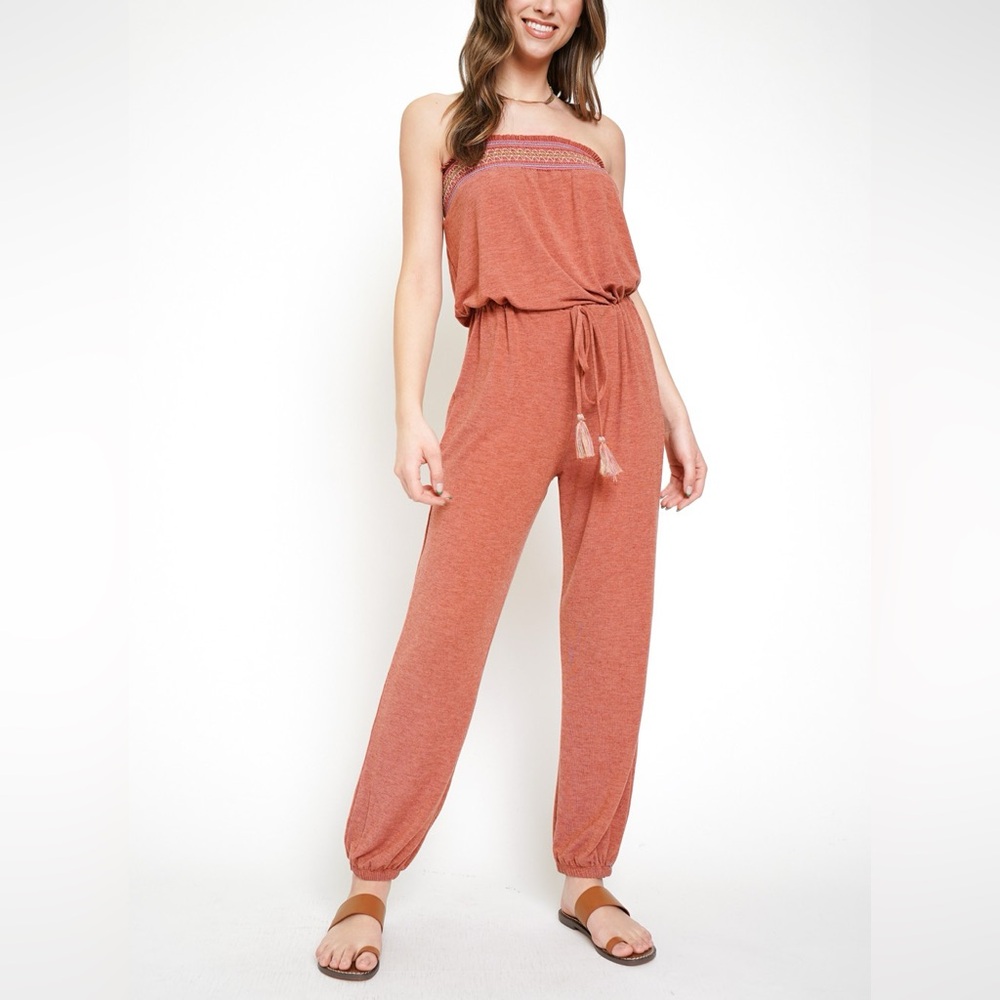 Mystree Strapless Jumpsuit with Elastic Waist in Rust Color NWT Size Medium